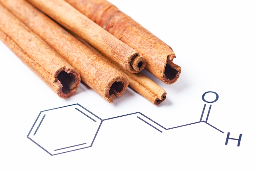 Aromatic cinnamon and Cinnamaldehyde, chemical structure and formula. Organic compound that gives cinnamon its flavor and odor.